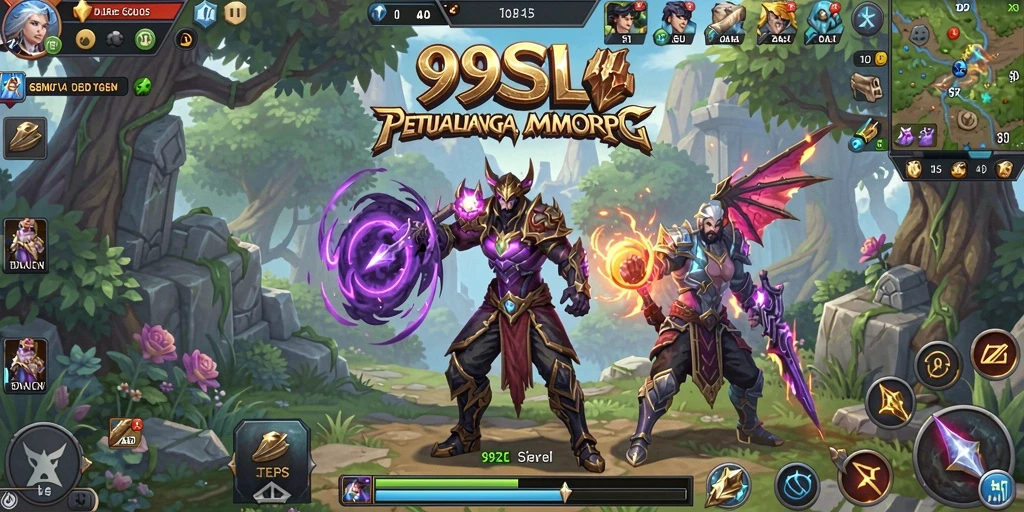 Screenshot gameplay dalam 99SL menampilkan pertarungan epik dan dunia yang luas.