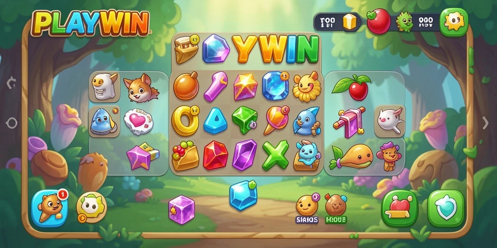 Screeshot gameplay PLAYWIN menampilkan permata berwarna-warni yang menarik.