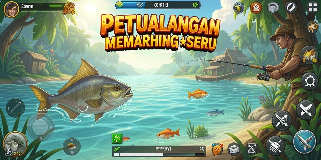 Screenshot utama PPRRYY menunjukkan pemain sedang memancing di laut yang indah.