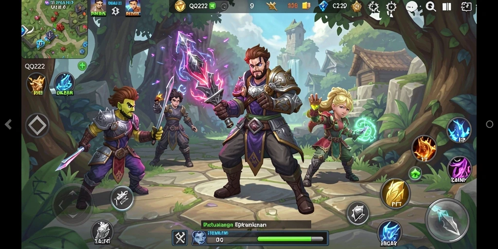 Screenshot menunjukkan aksi seru dalam pertarungan RPG QQ222.