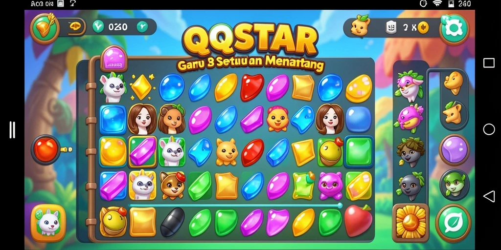 Screenshot QQSTAR menampilkan gameplay Match-3 yang seru dan berwarna-warni.