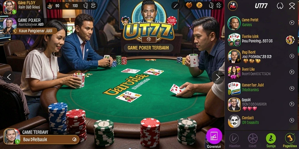 Tampilan utama UT77 dengan gameplay seru Poker yang mendebarkan.